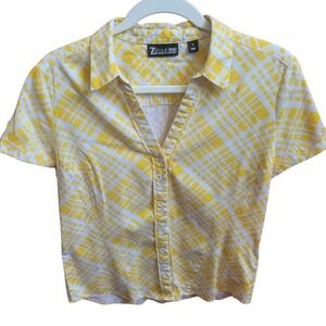 7th Avenue Design Studio top button front XS yellow white cap sleeves V neck